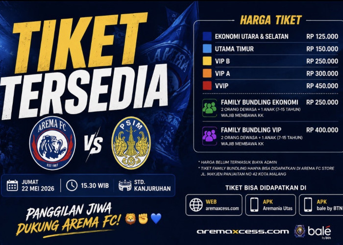 Tiket Laga Arema FC vs PSIM Yogyakarta Resmi Dijual, Berikut Harga dan Cara Pembeliannya