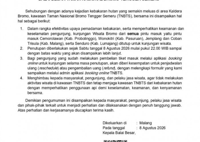 Bromo Ditutup Total akibat Kebakaran, 5 Pintu Masuk Ditutup Termasuk Jemplang dan Coban Trisula